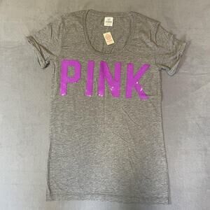 PINK Victoria's Secret Shirt Womens Medium Gray Sequin Logo Tee Scoop Neck New